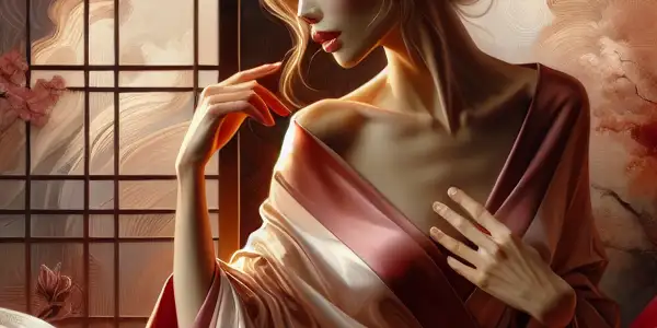 An elegant woman in a softly lit, intimate setting, surrounded by delicate fabrics and Japanese motifs, embodying sensual allure.