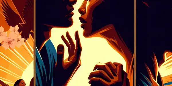 A triptych illustrating the spectrum of emotions in adult films: romance, tension, and everyday interactions.