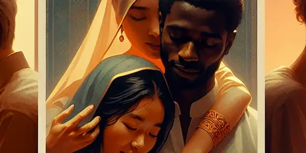 A triptych illustrating emotional tones in adult films: romance, tension, and everyday realism.