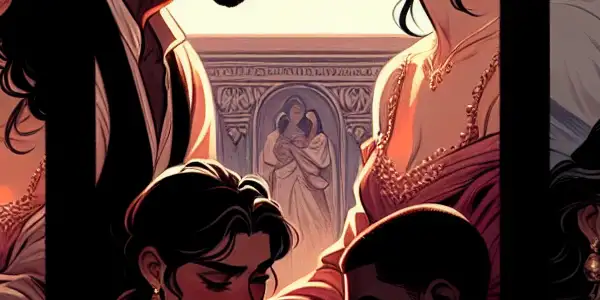 A triptych illustrating emotional tones in adult films: romance, tension, and everyday interactions.