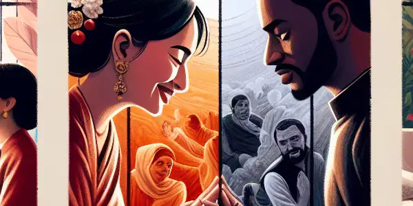 A triptych depicting the emotional spectrum of adult films: romance, tension, and everyday life interactions.