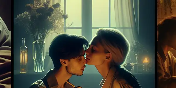 A triptych illustrating romantic passion, tension and dominance, and everyday life interactions among characters.