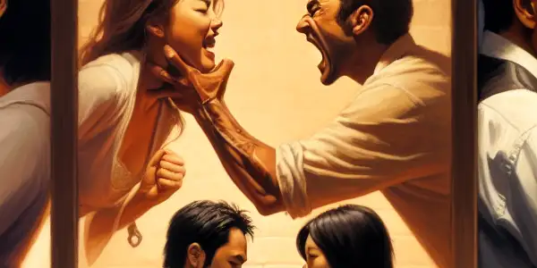 A triptych depicting the emotional spectrum in adult films: romance, tension, and everyday interactions.