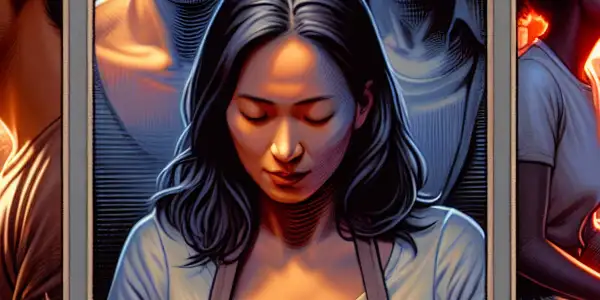 A triptych illustrating romance, tension, and everyday interactions between characters, showcasing emotional complexity.