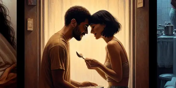 A triptych depicting romance, tension, and everyday interactions in adult relationships, showcasing diverse emotional experiences.