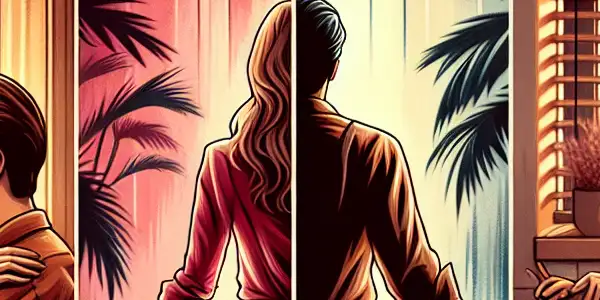 A triptych illustrating the emotional spectrum in adult relationships: romance, tension, and everyday life.