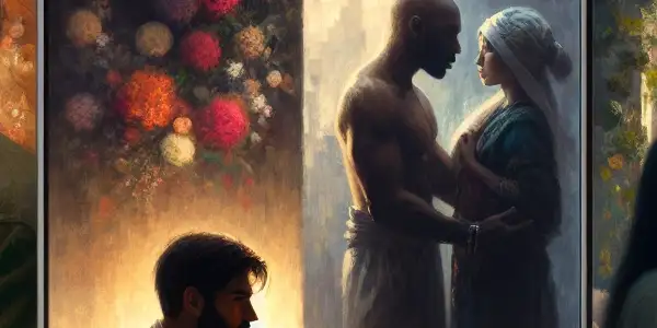 A triptych illustrating romance, tension, and everyday interactions in adult relationships, conveying emotional complexity and intimacy.