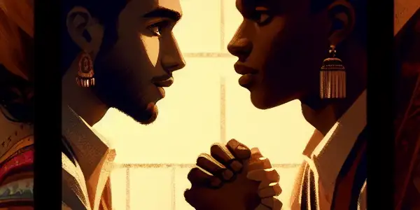 A triptych illustrating the emotional spectrum in adult films: romantic passion, tense dominance, and everyday life.