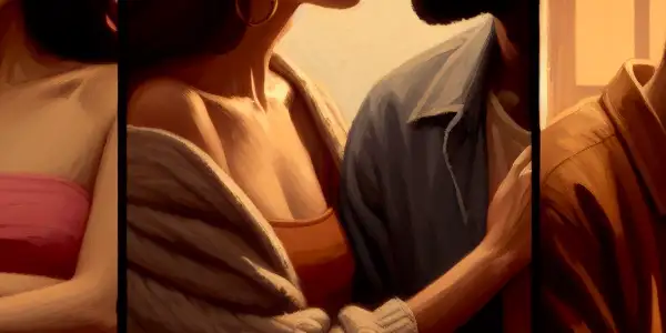 A triptych illustrating emotional dynamics in adult relationships: romance, tension, and everyday interactions.