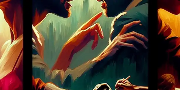 A triptych illustrating romance, tension, and everyday interactions in adult relationships through distinct emotional scenes.