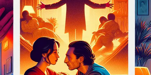 A triptych illustrating romantic passion, tense dominance, and everyday interactions between characters in various emotional settings.