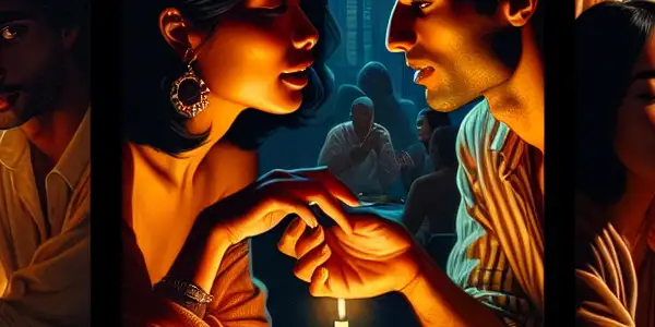 A triptych illustrating romantic passion, tense dominance, and everyday interactions in adult relationships.