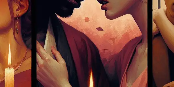 A triptych illustrating the emotional spectrum of adult relationships: love, tension, and everyday interactions.