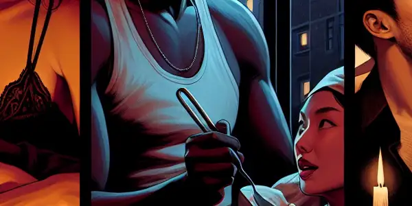 A triptych depicting romantic passion, tense dominance, and relatable everyday life in intimate character interactions.