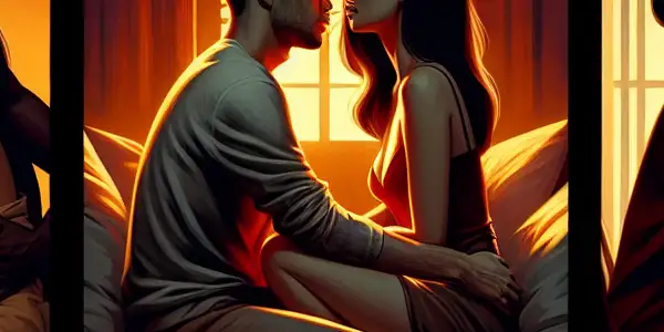 A triptych depicting romance, tension, and everyday interactions in adult relationships.