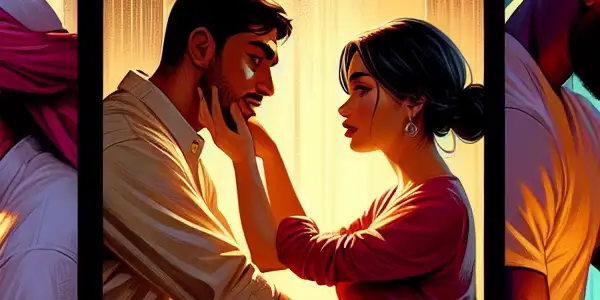 A triptych depicting the emotional spectrum of adult relationships: romance, tension, and everyday interactions.