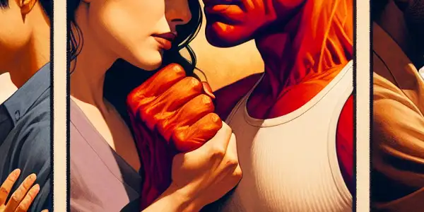 A triptych illustrating the emotional spectrum of adult relationships: romance, conflict, and everyday connection.