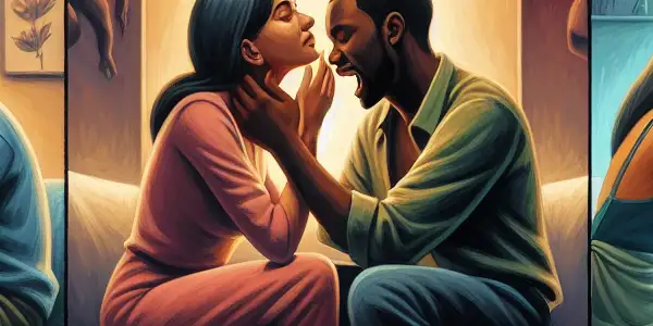 A triptych depicting the emotional spectrum of adult relationships: romance, conflict, and everyday companionship.