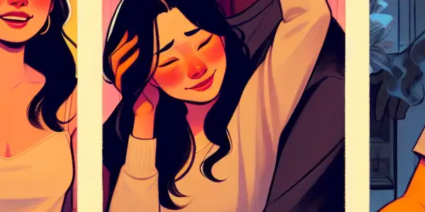 A triptych illustrating the emotional spectrum of adult relationships: warmth, conflict, and everyday life.