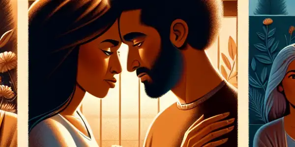 A triptych depicting the emotional spectrum of adult relationships: romance, tension, and everyday companionship.