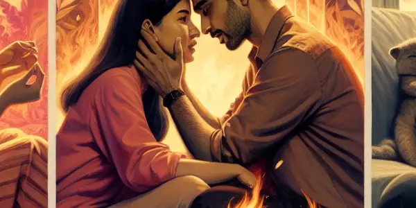 A triptych illustrating romance, tension, and everyday interactions in adult relationships.