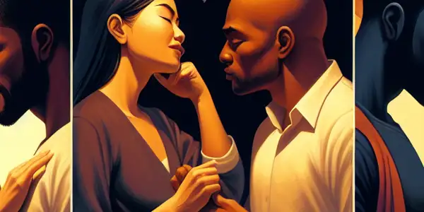 A triptych depicting the emotional spectrum in adult relationships: intimacy, conflict, and everyday life.