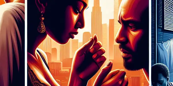 A triptych illustrating the emotional spectrum of adult relationships: romance, tension, and everyday life.