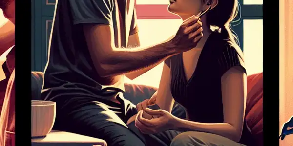 A triptych depicting romance, tension, and everyday interactions in adult relationships.