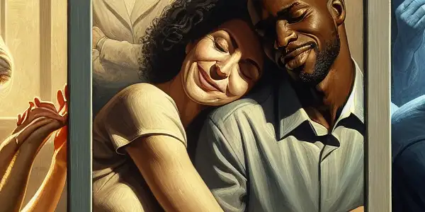 A triptych illustrating the emotional spectrum in adult relationships: romance, conflict, and everyday interactions.