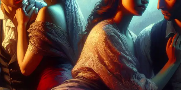 A triptych illustrating the emotional spectrum in adult relationships: romance, conflict, and everyday interactions.