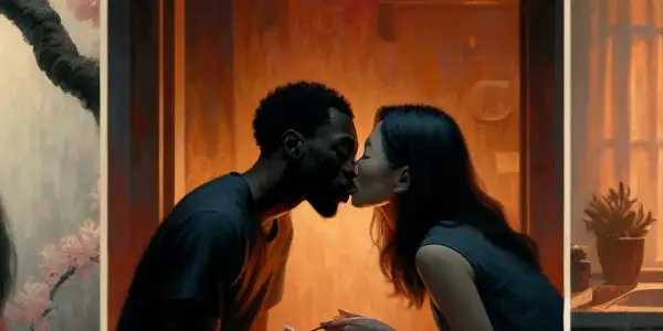 A triptych depicting the emotional spectrum of adult relationships: romance, tension, and everyday interactions.