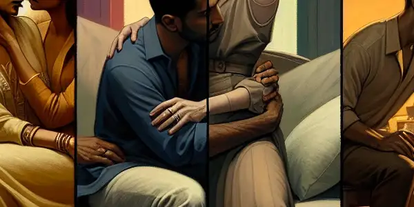 A triptych illustrating the emotional spectrum in adult relationships: romance, conflict, and everyday interactions.