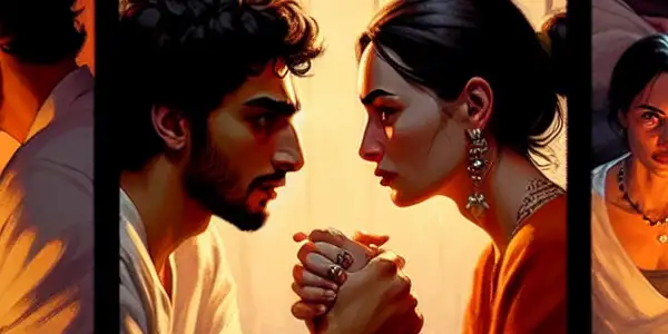 A triptych illustrating romance, tension, and everyday interactions in adult relationships.