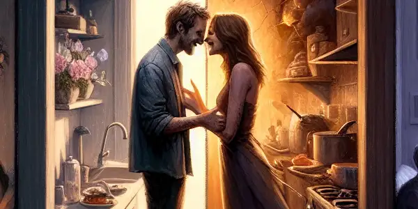 A triptych illustrating the emotional spectrum of adult relationships: romance, tension, and everyday interactions.