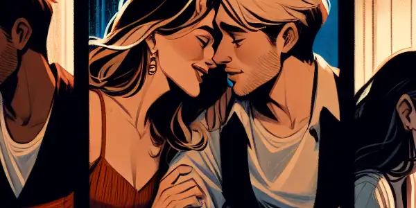 A triptych illustrating the emotional spectrum in adult relationships: romance, conflict, and everyday interactions.