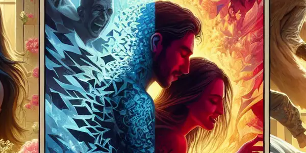 A triptych illustrating the emotional spectrum of adult relationships: romance, conflict, and everyday moments.