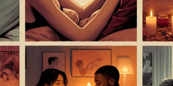A triptych illustrating the emotional spectrum in adult relationships: romance, conflict, and everyday life.