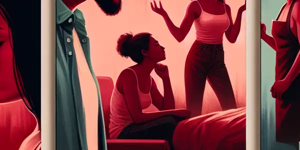 A triptych illustrating the emotional spectrum of adult relationships: romance, conflict, and everyday interactions.