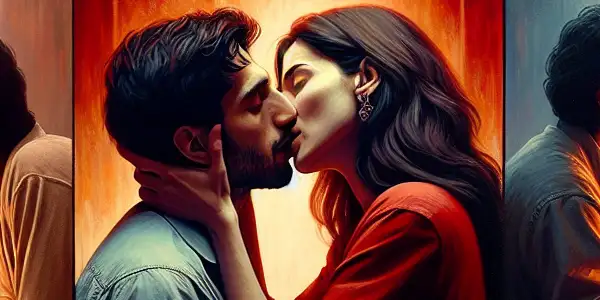 A triptych illustrating the emotional spectrum of adult relationships: romance, conflict, and everyday interactions.