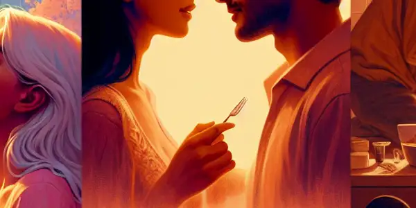 A triptych depicting the emotional spectrum in adult relationships: romance, tension, and everyday life.