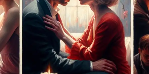 A triptych illustrating the emotional spectrum in adult relationships: intimacy, conflict, and everyday interactions.