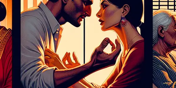 A triptych illustrating romance, tension, and everyday interactions in adult relationships.