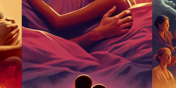 A triptych illustrating the emotional spectrum of adult relationships: love, conflict, and everyday life.