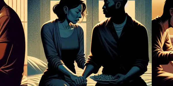 A triptych illustrating the emotional spectrum in adult relationships: warmth, conflict, and everyday neutrality.