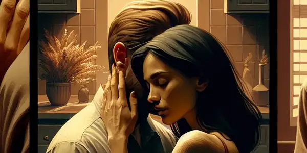 A triptych depicting the emotional spectrum of adult relationships: romance, tension, and everyday interactions.