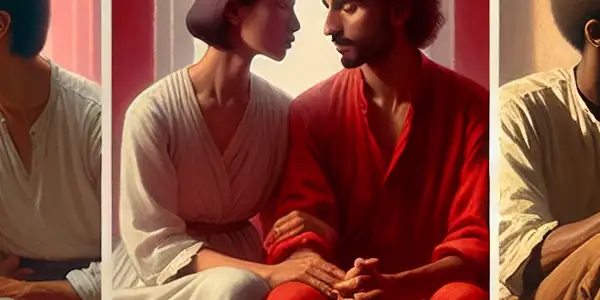 A triptych illustrating the emotional spectrum of adult relationships: romance, tension, and everyday interactions.