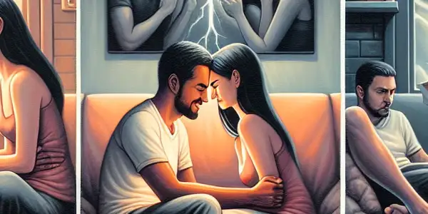 A triptych illustrating the emotional spectrum in adult relationships: romance, conflict, and everyday intimacy.