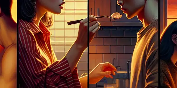 A triptych illustrating the emotional spectrum of adult relationships: romantic passion, tense dominance, and everyday intimacy.