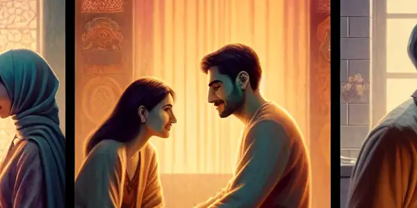 A triptych depicting the emotional spectrum of adult relationships: romance, tension, and everyday intimacy.