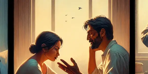 A triptych illustrating the emotional spectrum of adult relationships: romance, conflict, and everyday life.